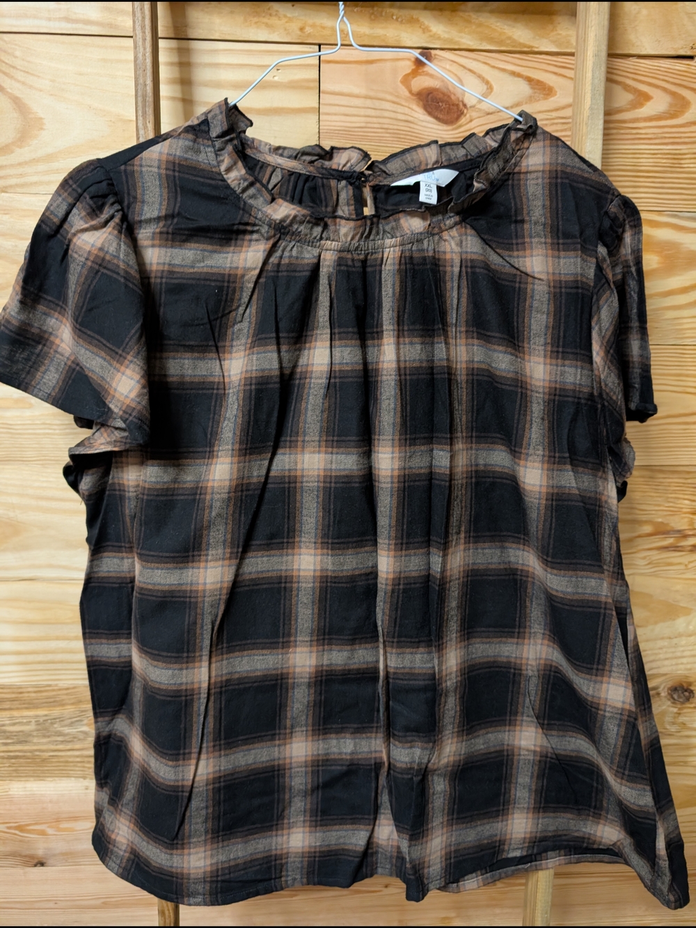 Time and Tru Black and Tan Plaid Top